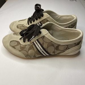 Woman’s Coach Beyla Sneakers Logo US Size 7 M Lace Up Suede Beige Brown